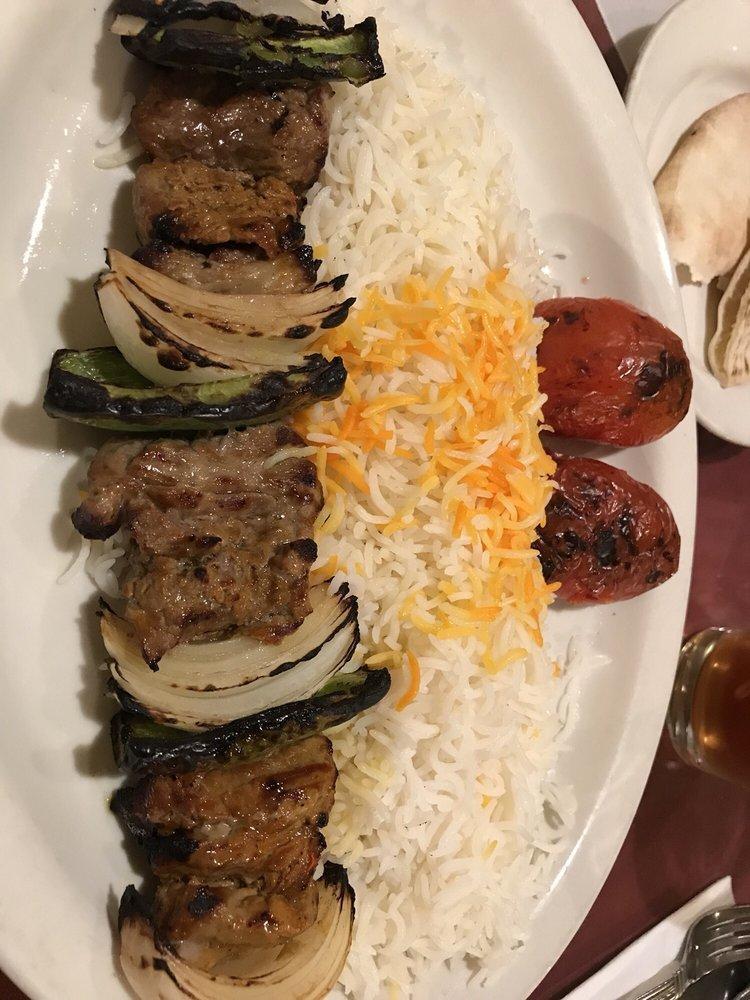 Shish Kabob · Charbroiled juicy chunks of marinated filet mignon skewered with onion and bell pepper , served with basmati rice . 