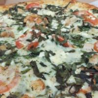 Chicken Rustica Pizza · Grilled chicken with fresh spinach, basil, feta cheese, Roma tomatoes, Wisconsin mozzarella,...