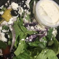Greek Salad · Garden-fresh vegetables, Kalamata olives and fresh romaine lettuce sprinkled with feta chees...
