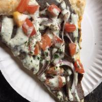 Gyro Pizza · Gyro meat, onions, tomatoes and cucumber sauce.