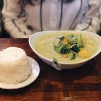 Green Curry · Eggplants, bamboo shoots, bell peppers and sweet basil leaves simmered in green curry and co...