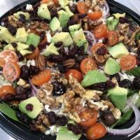 Healthy House Salad · Organic baby spinach, arugula, avocado, feta, roasted walnut, cranraisins, English hothouse ...