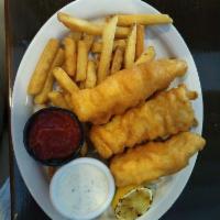 Fish and Chips · Beer battered Alaskan cod filet, served with grilled lemons, tartar sauce and hand cut fries.
