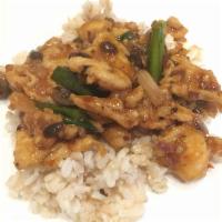 Indo Chino Chicken Plate · Sliced chicken, mushroom, house black beans sauce. Spicy.