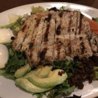 Cobb Salad · Diced chicken, hard-boiled egg, bacon, avocado, tomato, and blue cheese crumbles over mixed ...