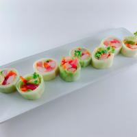 Summer Roll · In: salmon, hamachi, tuna, imitation crab, avocado and gobo with a cucumber wrap and scallio...