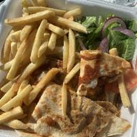 Chicken Quesadilla · Chicken, cheese and pico de gallo in a flour tortilla served with fries and salad.