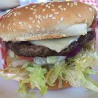 Swiss Mushroom Burger · Beef patty, swiss cheese mushrooms & toppings.