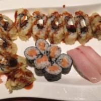 Bomb Roll · 8 pieces. Roll wrapped with kani, cream cheese, and eel lightly fried and topped with eel sa...