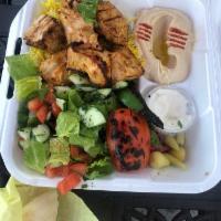 Chicken Kabob Plate · Cubed skinless chicken breast marinated in fresh garlic, our special spices and olive oil, s...