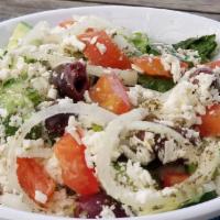 Greek Salad · Romaine lettuce, tomatoes, fresh chopped mint, chopped parsley, cucumber, feta cheese, olive...