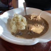 Home-made Beef Stroganoff · Cooked with tender steak meat in a flavorful mushroom sauce and served with mashed potatoes.