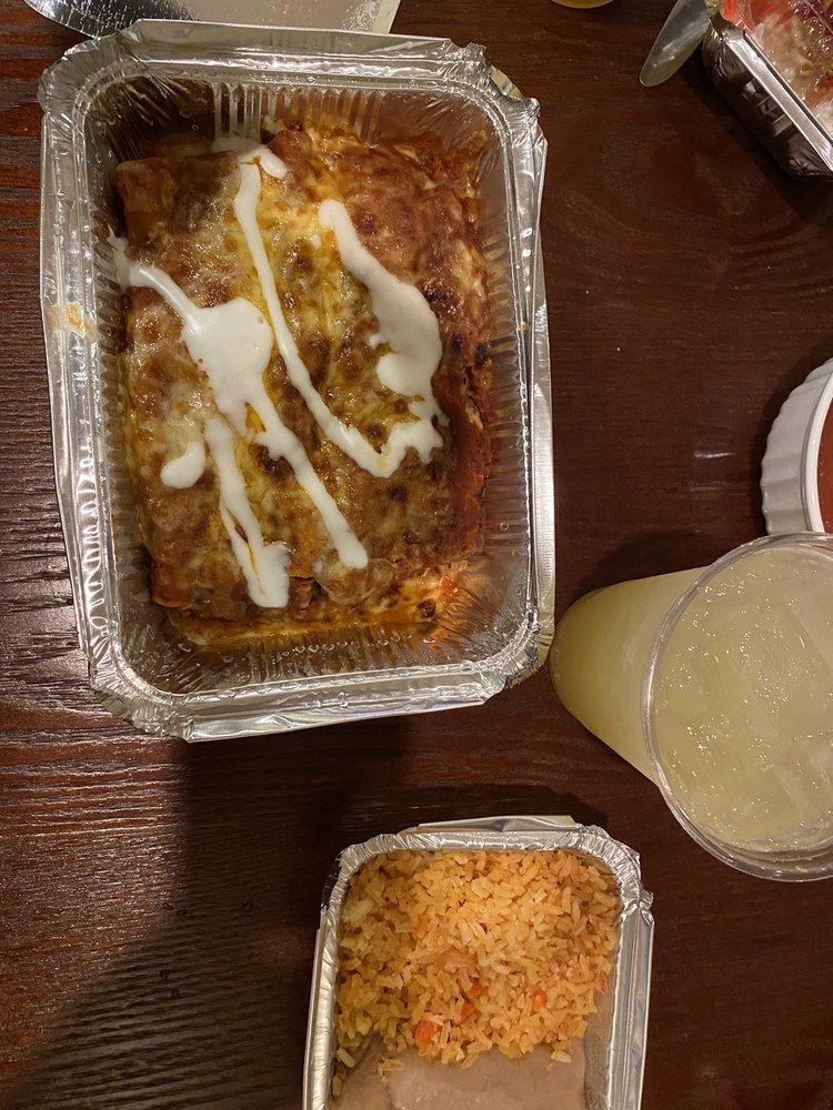 Enchiladas · 3 rolled corn tortillas stuffed with choice of style. Topped with sour cream, melted cheese and choice of salsa. Served with Mexican rice and pinto beans.