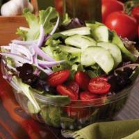 The Fresh Salad · Spring mix and romaine, tomatoes, red onions, and cucumbers with House Italian dressing on t...