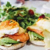 Original Eggs Benedict · Two eggs poached on a toasted pancakes  with ham & hollandaise, salad.