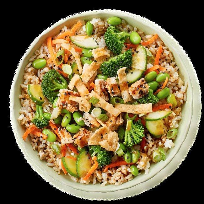 Teriyaki Twist Bowl · Brown rice, edamame, crispy wontons, broccoli, carrots, cucumber, green onions, sesame seeds and teriyaki sauce.