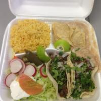 Carne Asada · Grilled steak. Include rice, beans, tortillas and salad or soup.