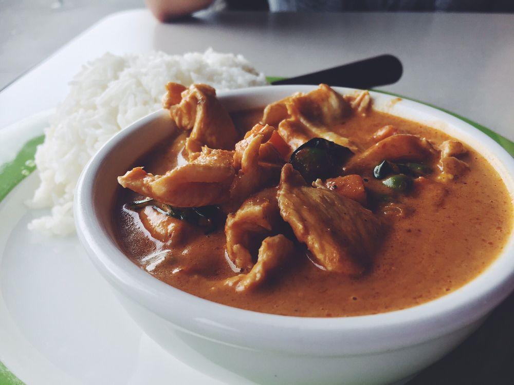 Panang Curry · This fantastic curry fried in coconut milk, and not boiled. It is seasoned with sliced lime leaves and a few leaves of Thai basil. Spicy.