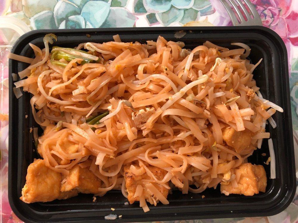 Pad Thai · Thai national rice noodle dish, with sweet and sour flavor, sauteed with choice of vegetable or meat and bean sprouts, crushed peanuts on the side.