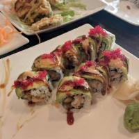 Red Parrot Roll · Lobster tempura, asparagus and cream cheese topped with avocado, tobiko, spicy mayo and eel ...