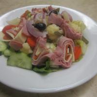Antipasto Salad · Romaine lettuce, tomatoes, onions, cucumbers, ham, salami, provolone cheese and choice of dr...