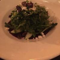 Roasted Beet Salad · Arugula, apples, goat cheese, candied pecans and sherry vinaigrette.