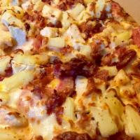 Gregario Pizza · Canadian ham, pineapple, breakfast bacon, and chicken. Mozzarella and provolone cheese blend.