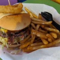 California Burger · Fresh lettuce, tomato, avocado, bacon, and blended cheese, topped with an onion ring with ca...