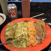 Enchiladas · 3 corn tortillas rolled with a choice of filling covered with a green or red sauce. Suizas-g...