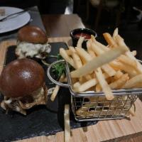 Filet Mignon Sliders · Mushrooms, caramelized onions, and gruyer cheese, served with french fries.