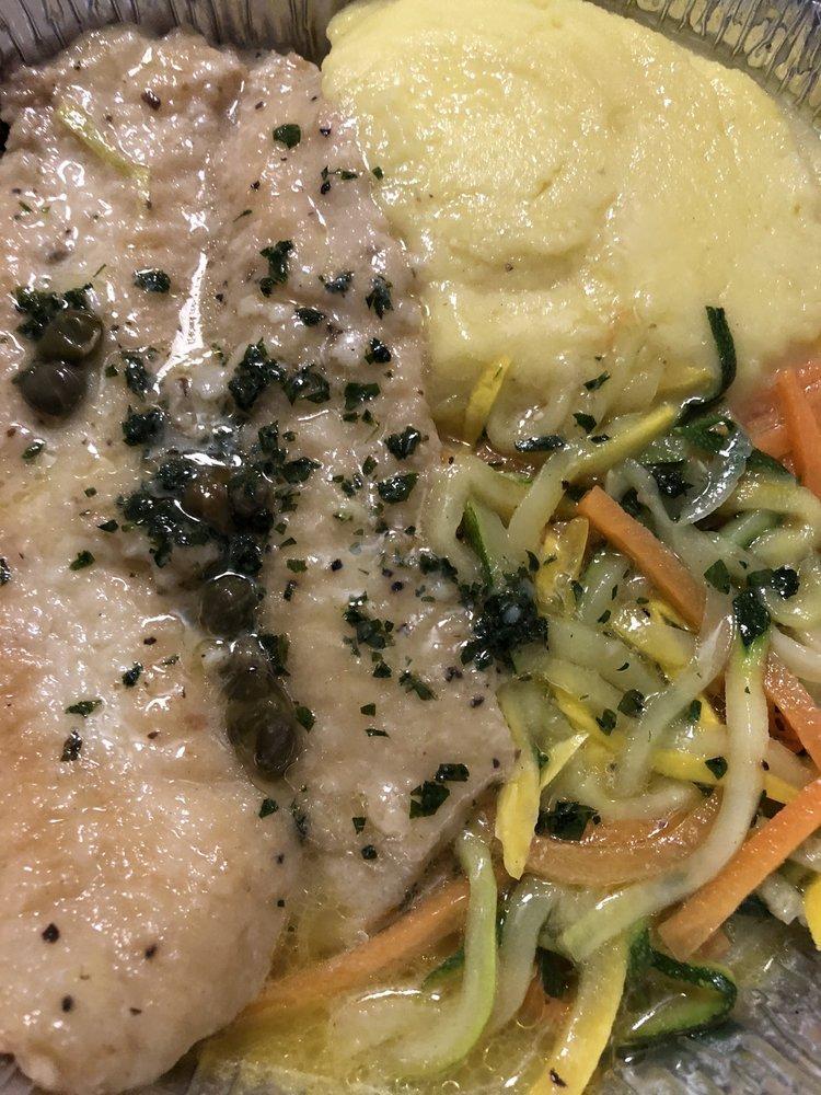 Sole Meuniere · Sauteed in a lemon caper sauce with mashed potatoes and julienne vegetables.