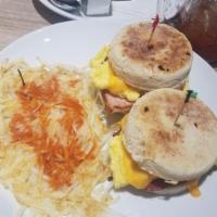 Breakfast Sliders · Two English muffins with scrambled eggs and Cheddar cheese.
