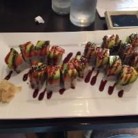 Lobster Tempura Roll · Lobster tempura topped with smoked salmon and avocado.