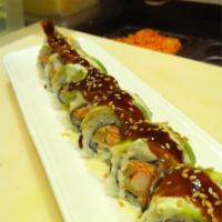 Piano Roll · Shrimp tempura and spicy crabmeat topped with avocado with wasabi and eel sauce.