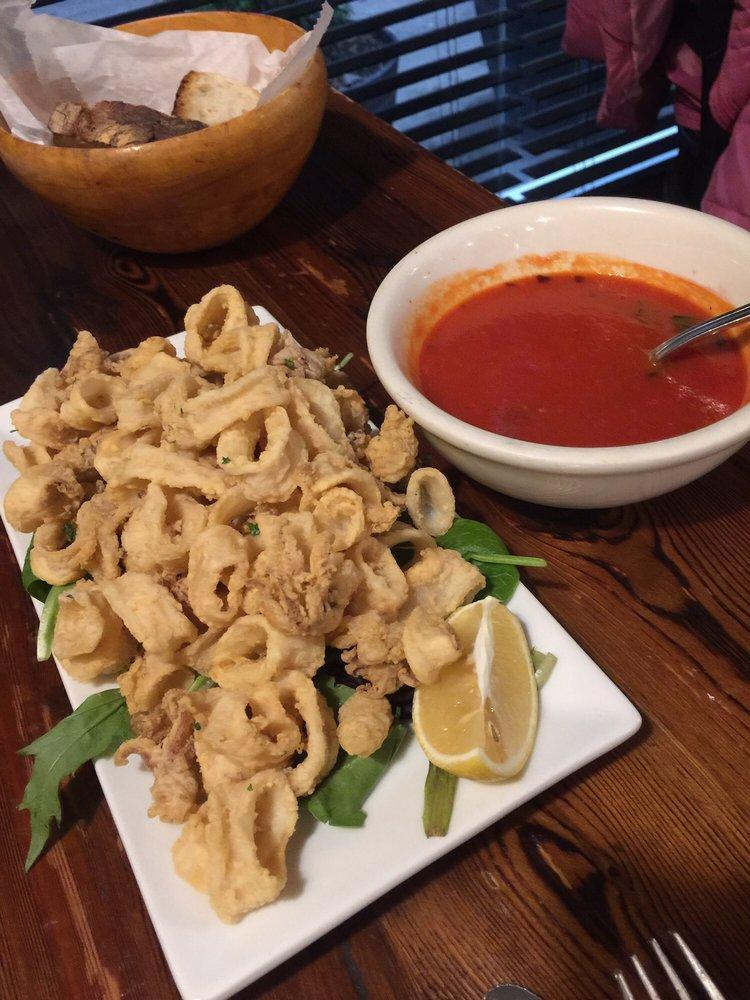 Calamari Fritti · Fried calamari with chili pepper sauce.