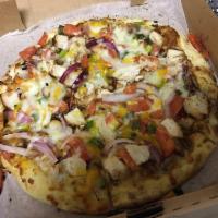 BBQ Chicken Pizza · Diced chicken, BBQ sauce, cheddar and mozzarella cheese, scallions, fresh tomatoes and red o...