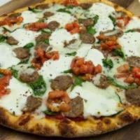 Amata Pizza · Spinach, Italian sausage, fresh tomatoes, tomato sauce, mozzarella and ricotta cheese.
