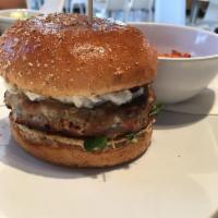 Greek Burger · Grilled Turkey Burger, Micro Greens, Kalamata Olives, Topped with Tzatziki Sauce, Served on ...
