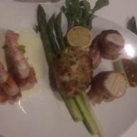 Filet Mixed Grill · 6 oz. filet mignon , 2 bacon-wrapped scallops with  apricot chutney  and 2 jumbo grilled shr...