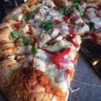 Ruckus BBQ Chicken Pizza · Chopped chicken breast, red onions, Vermont cheddar, fresh cilanto, roasted red peppers and ...