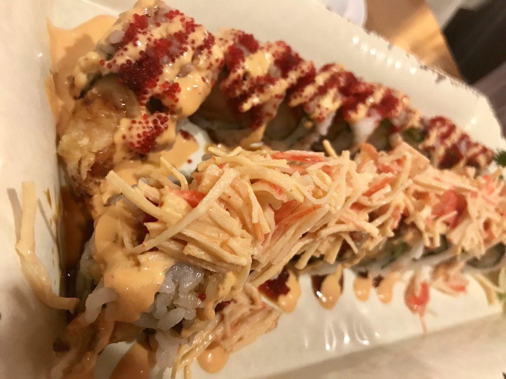 Crazy Maki · Shrimp tempura, avocado, cucumber, tobiko, spicy mayo and eel sauce. Served with miso soup.