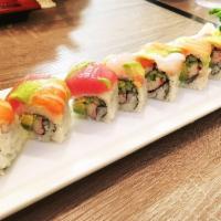 Rainbow Maki · Crabstick, avocado, cucumber, white fish, salmon and tuna avocado. Served with miso soup.