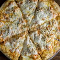 Buffalo Chicken Pizza · Chicken breast, hot sauce, blue cheese and mozzarella.