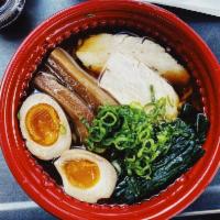 Shoyu Ramen · Soy sauce base light chicken soup. Choice of protein between chicken or pork. Topped with sp...