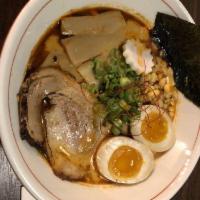 Spicy Miso Ramen · Housemade pork broth seasoned with miso, gochujang paste, marinated egg, chashu, corn, bambo...