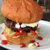 Roasted Red Pepper and Goat Cheese Burger · Red pepper, goat cheese, caramelized onions and fresh basil.