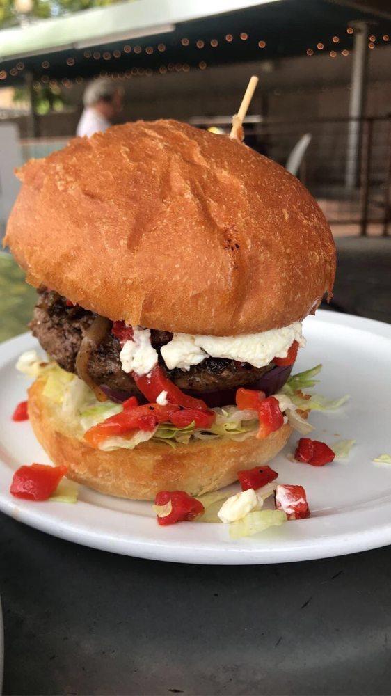 Roasted Red Pepper and Goat Cheese Burger · Red pepper, goat cheese, caramelized onions and fresh basil.