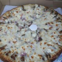 Greek Pizza · Gyro meat, red onion, olive oil, fresh garlic, and feta cheese.