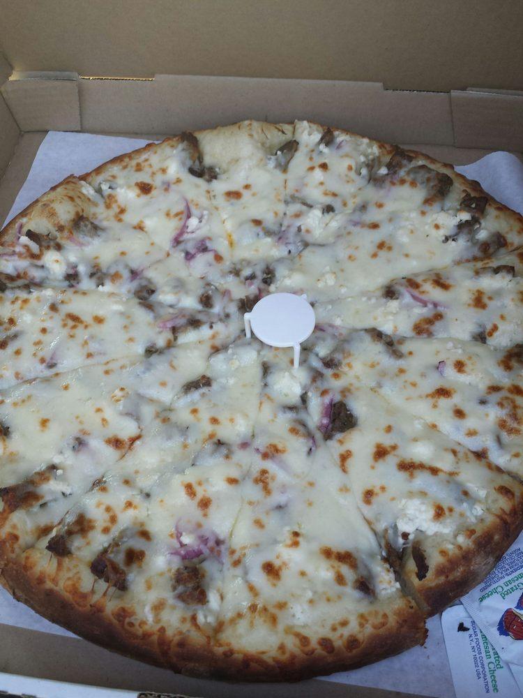 Greek Pizza · Gyro meat, red onion, olive oil, fresh garlic, and feta cheese.