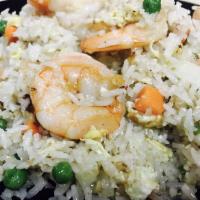 Shrimp Fried Rice · White rice wok fried with shrimp, eggs, peas, carrots and green onions.